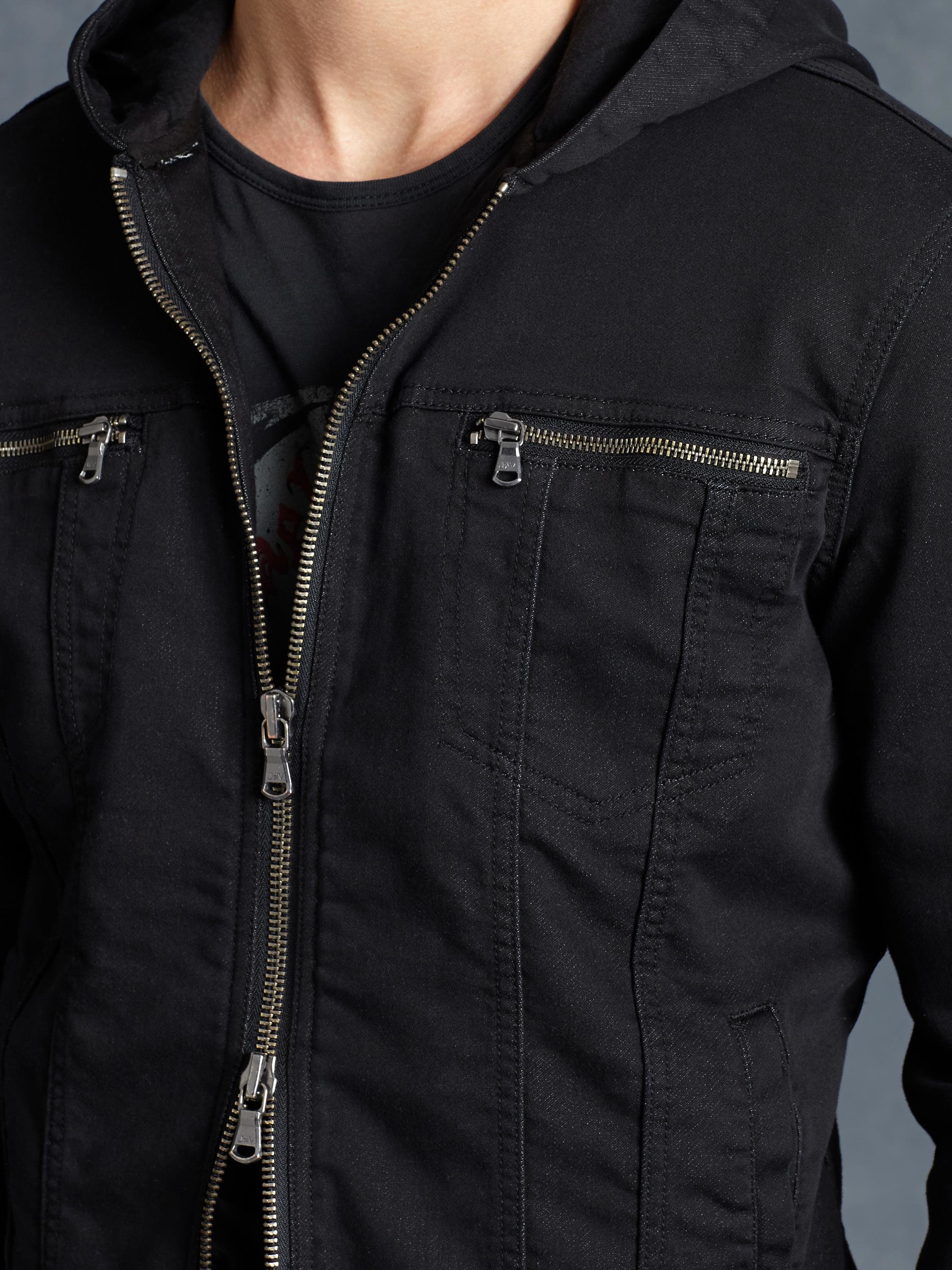 mens black hooded jean jacket