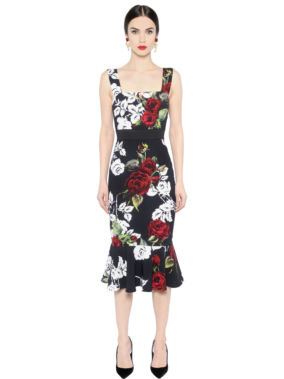 Dolce & gabbana Rose Printed Cady Dress in Red | Lyst