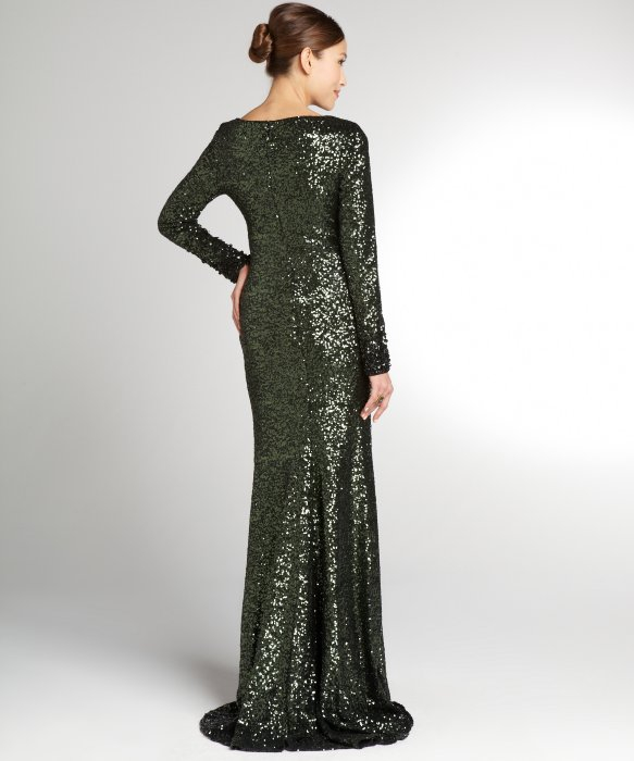 Lyst - Badgley Mischka Emerald Sequin Long Sleeve Gown in Green