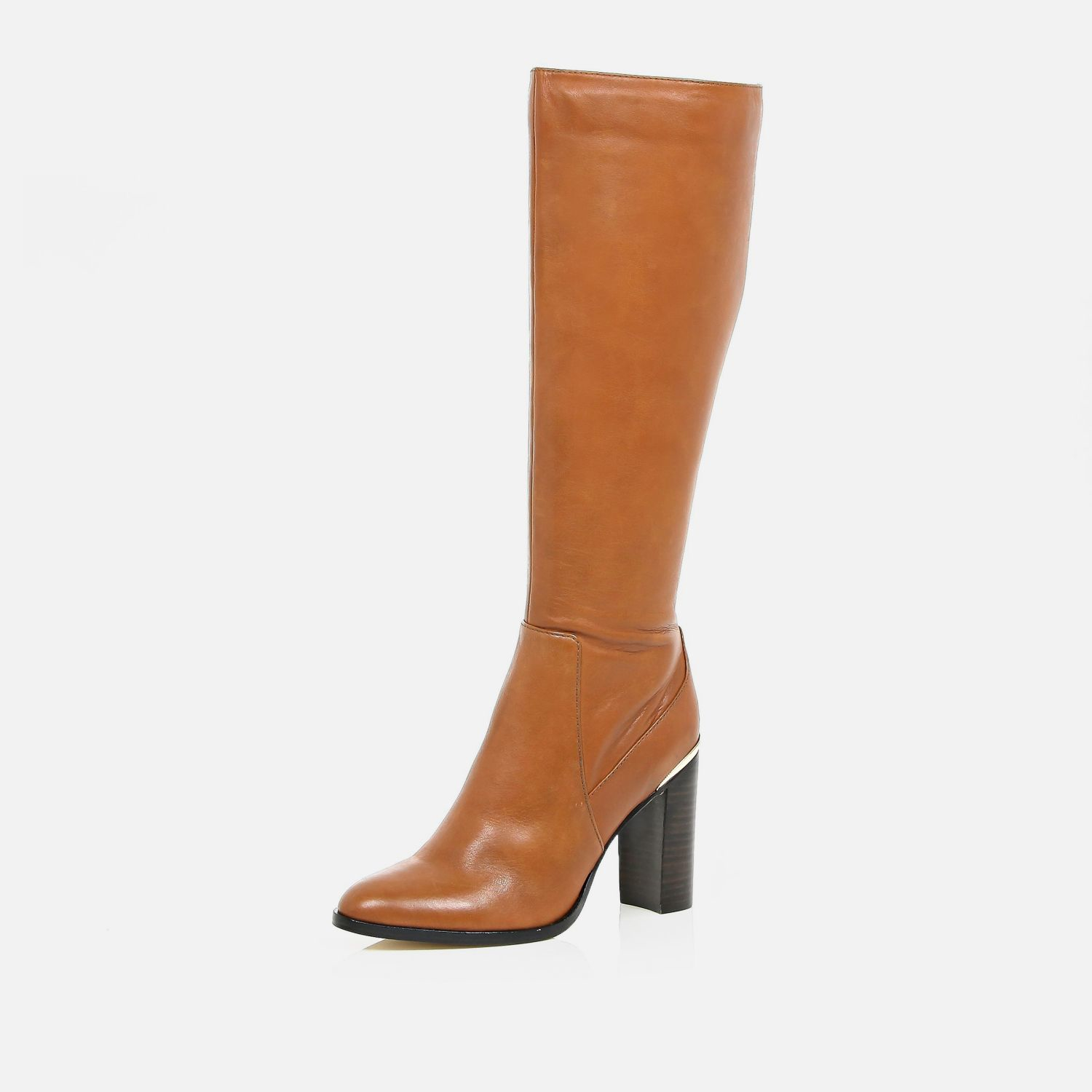 Lyst - River island Light Brown Leather Knee High Heeled Boots in Brown