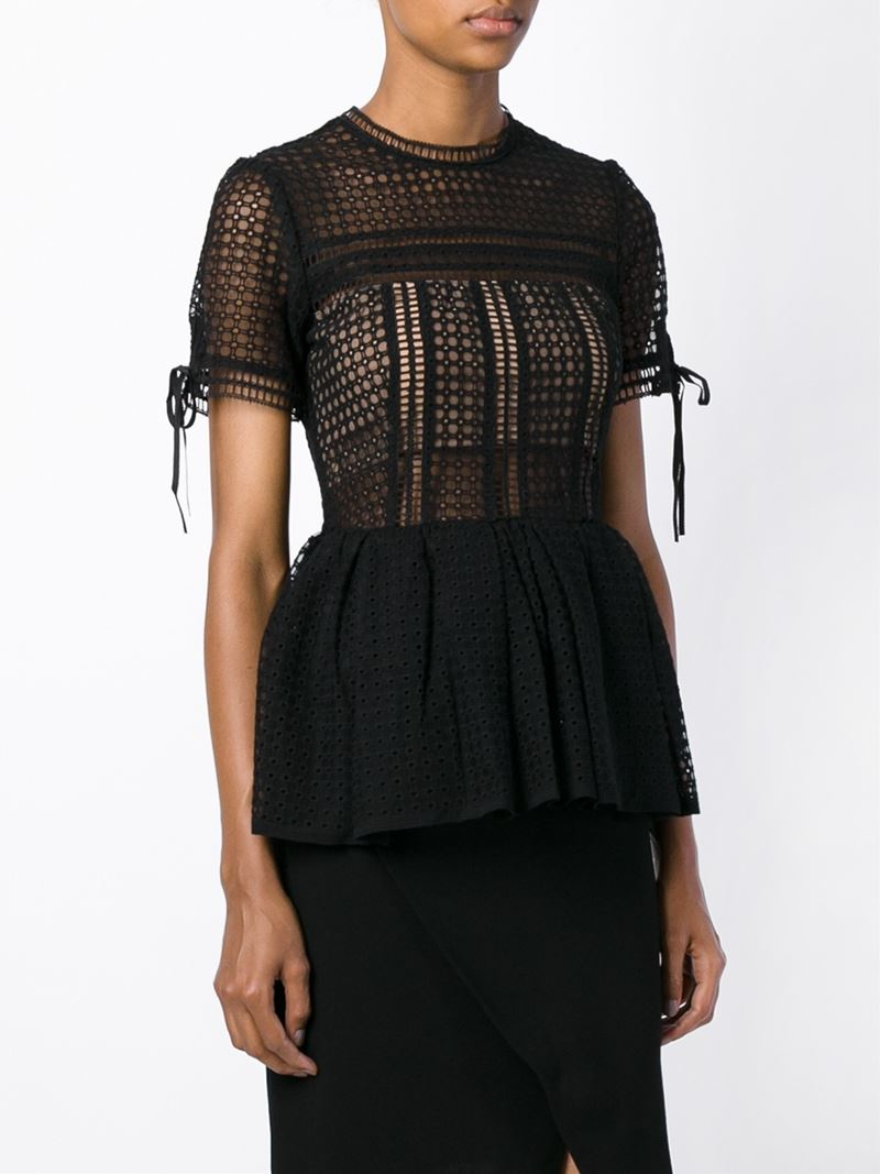 Self-portrait Broderie Anglaise Peplum Top in Black | Lyst