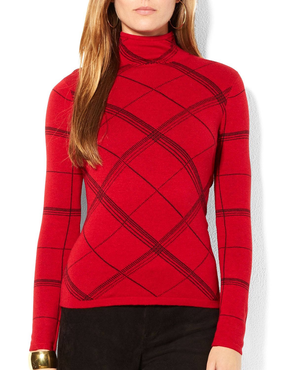 Lyst - Ralph Lauren Lauren Plaid Mock Neck Sweater in Red