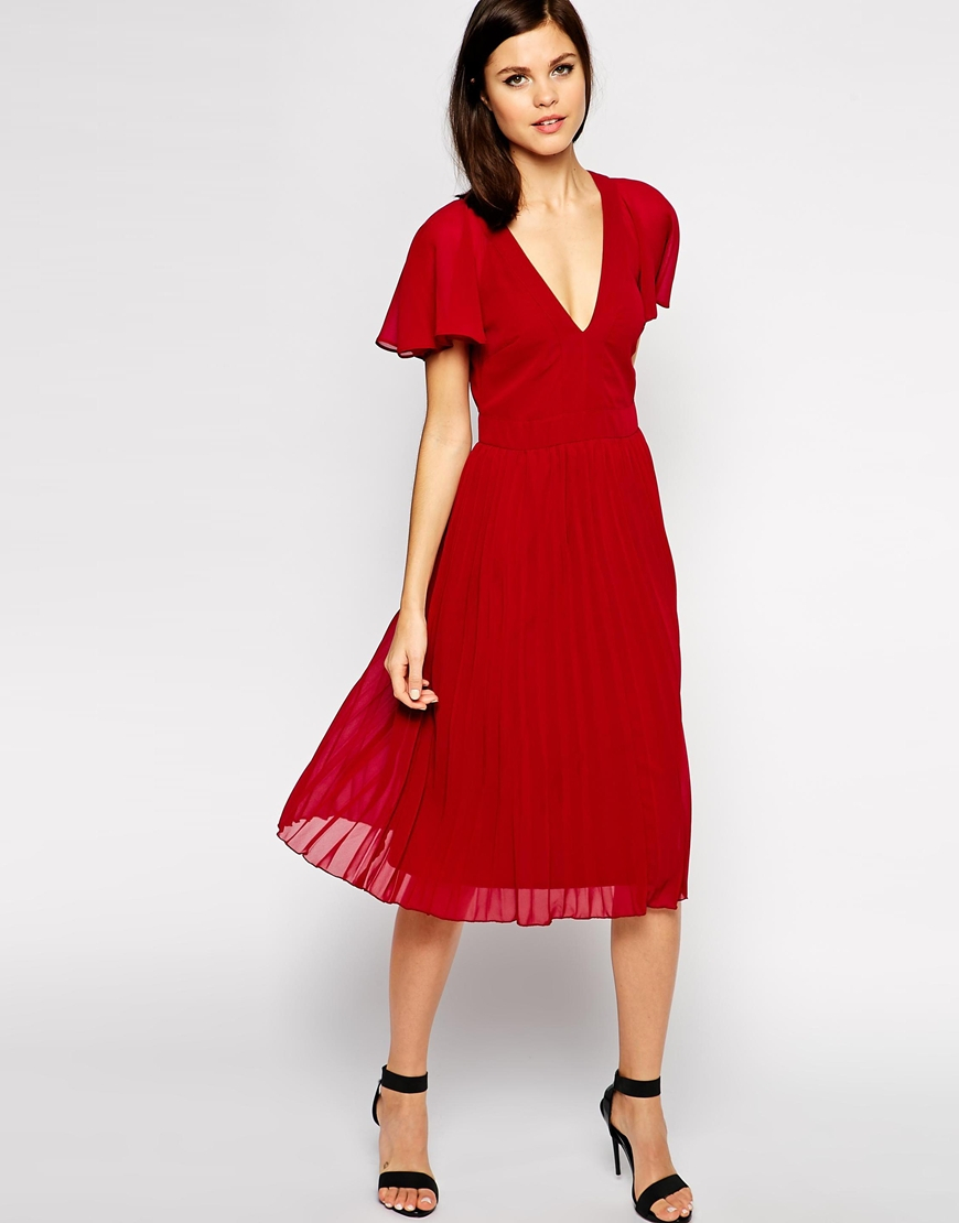 Lyst - Asos Ruffle Sleeved Pleated Midi Dress in Red