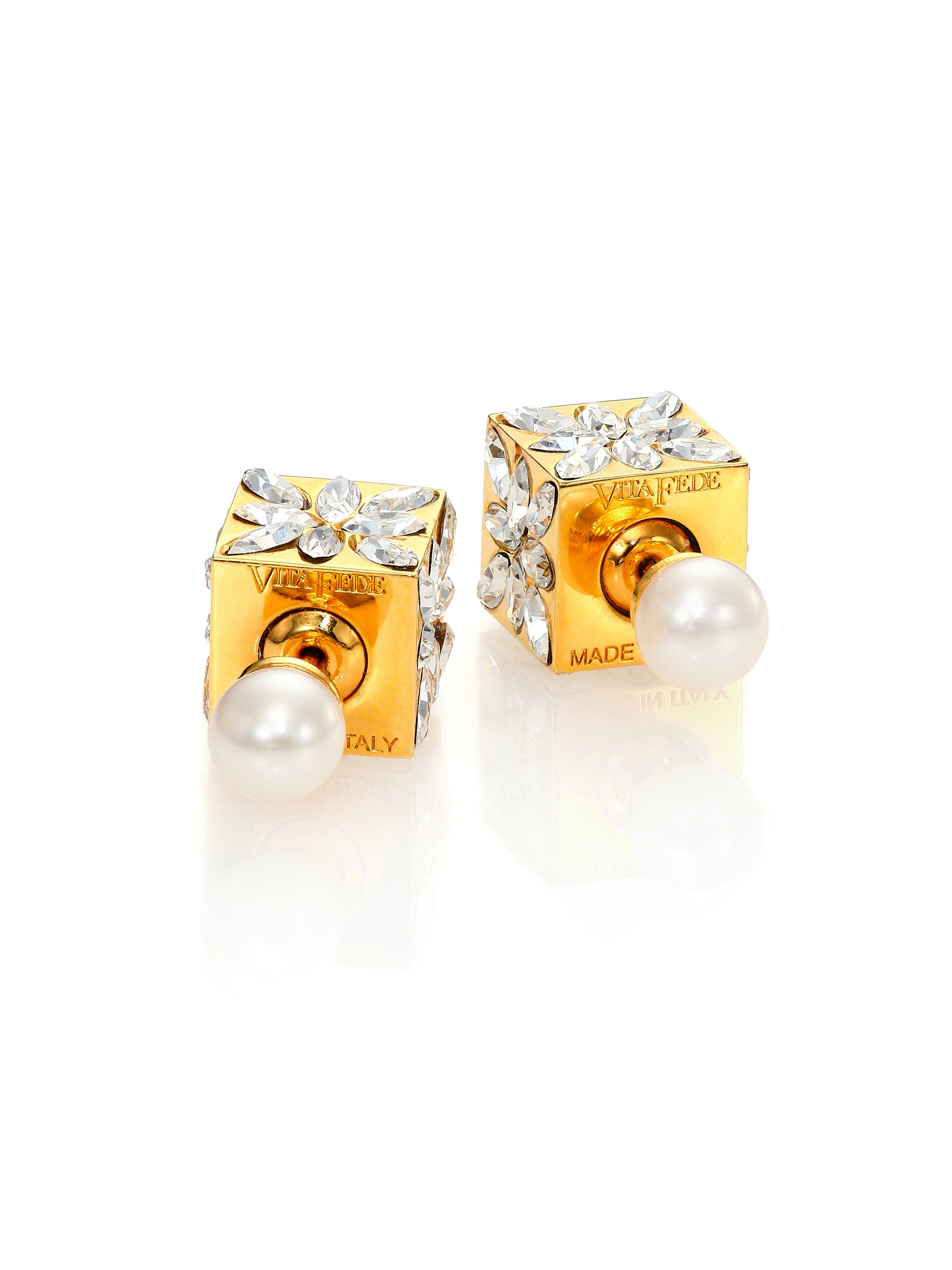 Lyst - Vita Fede Double Marquise Cubo 5mm White Pearl & Crystal Two-sided Earrings in Metallic