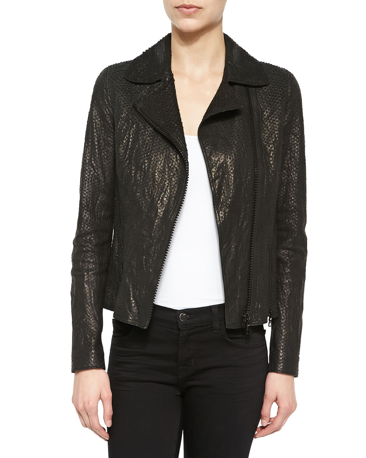 Elie Tahari Nancy Snake-Embossed Leather Jacket in Gold (BLACK) | Lyst