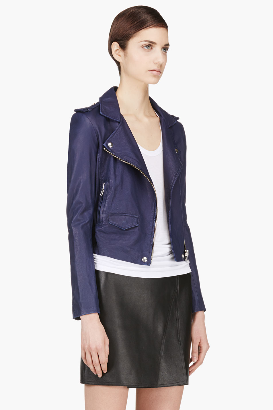 Lyst Iro Washed Leather Minimalist Ashville Biker Jacket In Blue Gallery