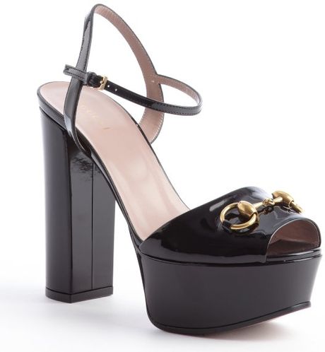 Gucci Black Patent Leather Horsebit Platform Sandals in Black | Lyst