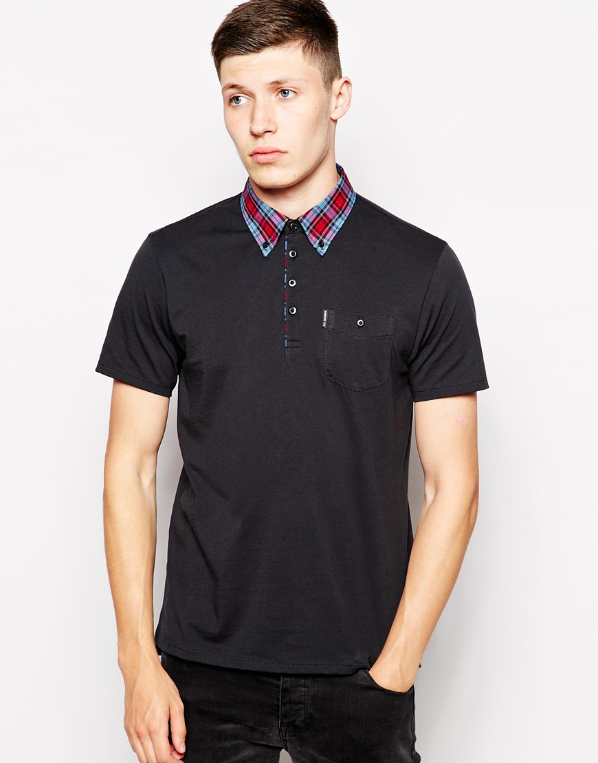 Ben sherman Polo With Contrast Check Collar in Black for Men | Lyst