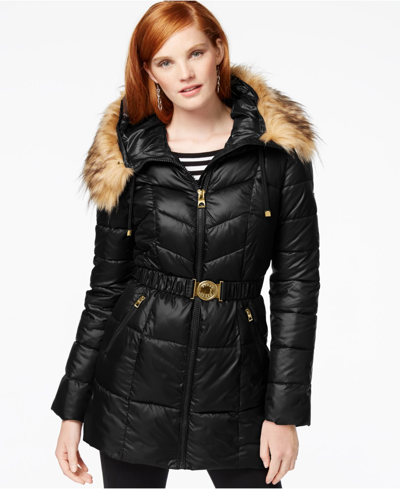 Lyst Guess Faux Fur Trim Belted Puffer Coat In Black Gallery Previously Sold At Macy S Women Faux Fur Coats