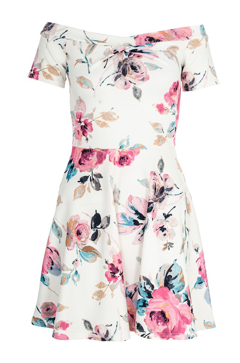 Quiz Cream Floral Print Bardot Skater Dress in Natural | Lyst