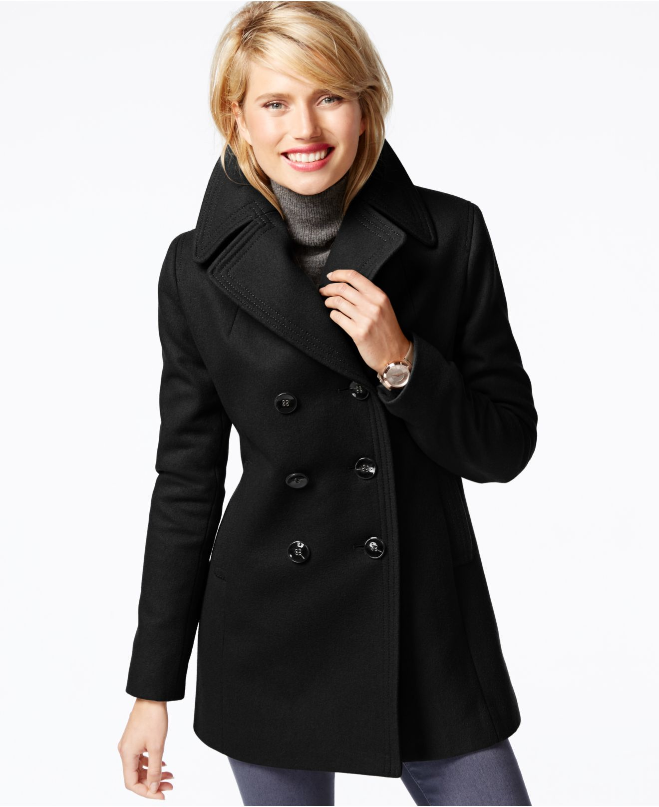 Kenneth cole Double-breasted Peacoat in Black | Lyst