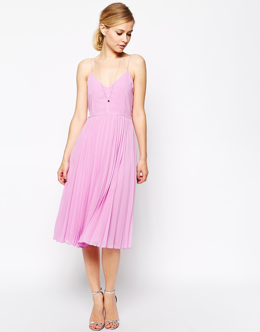 Lyst Asos  Cami Pleated Midi Dress  in Pink 