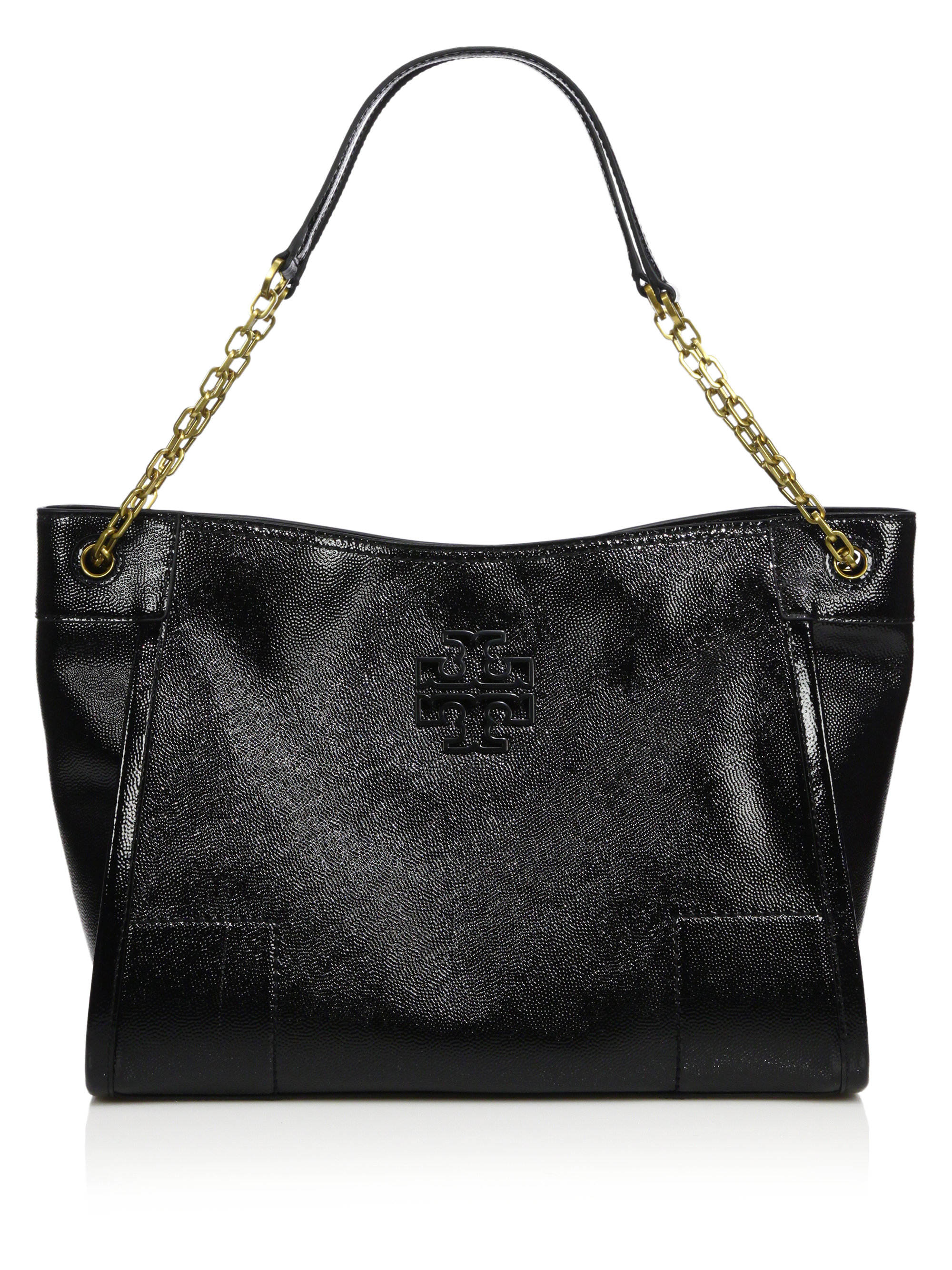 Tory Burch | Black Britten Textured Patent Leather Chain Shoulder Tote ...