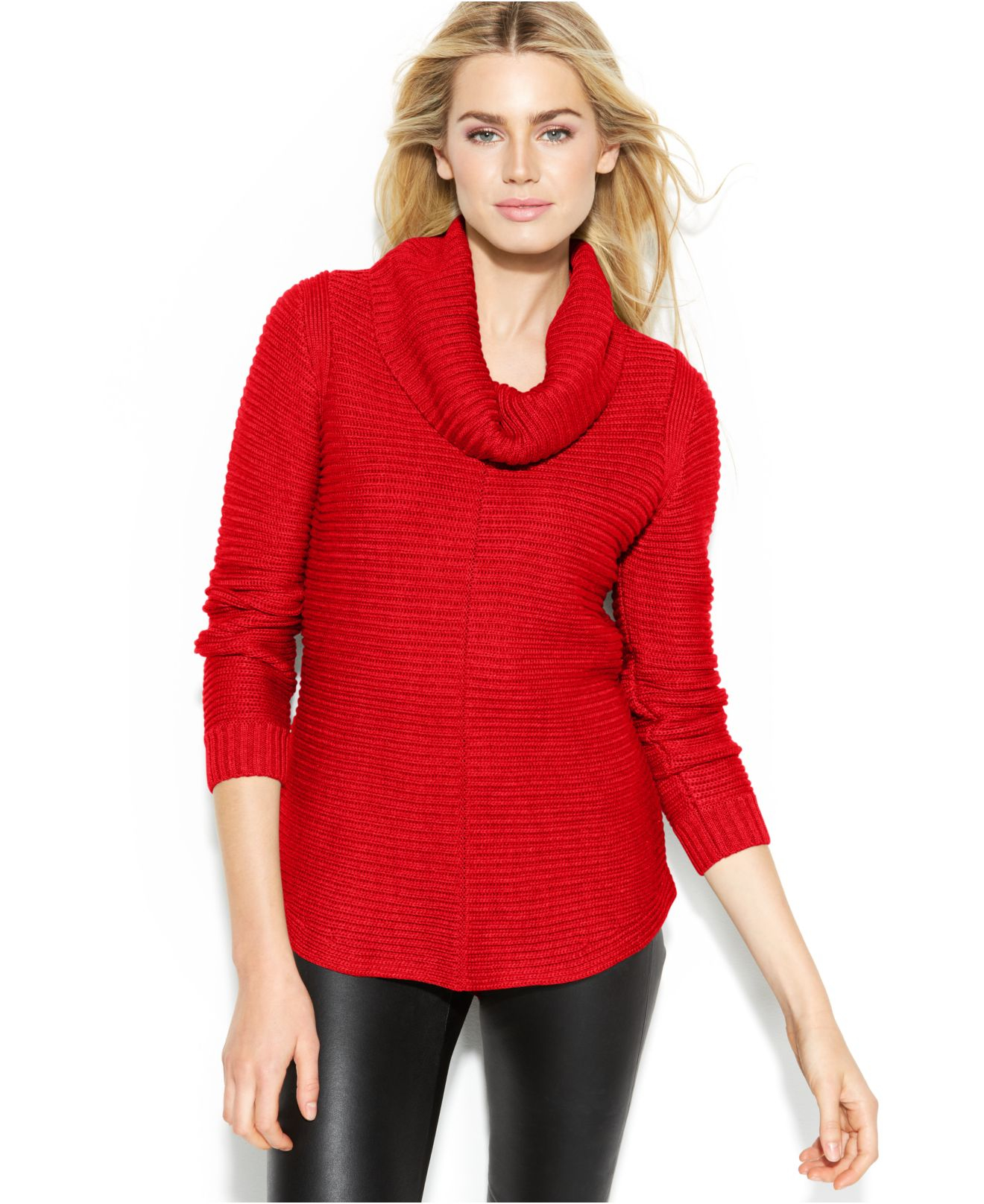 Calvin klein Ribbed Cowl-Neck Sweater in Red | Lyst