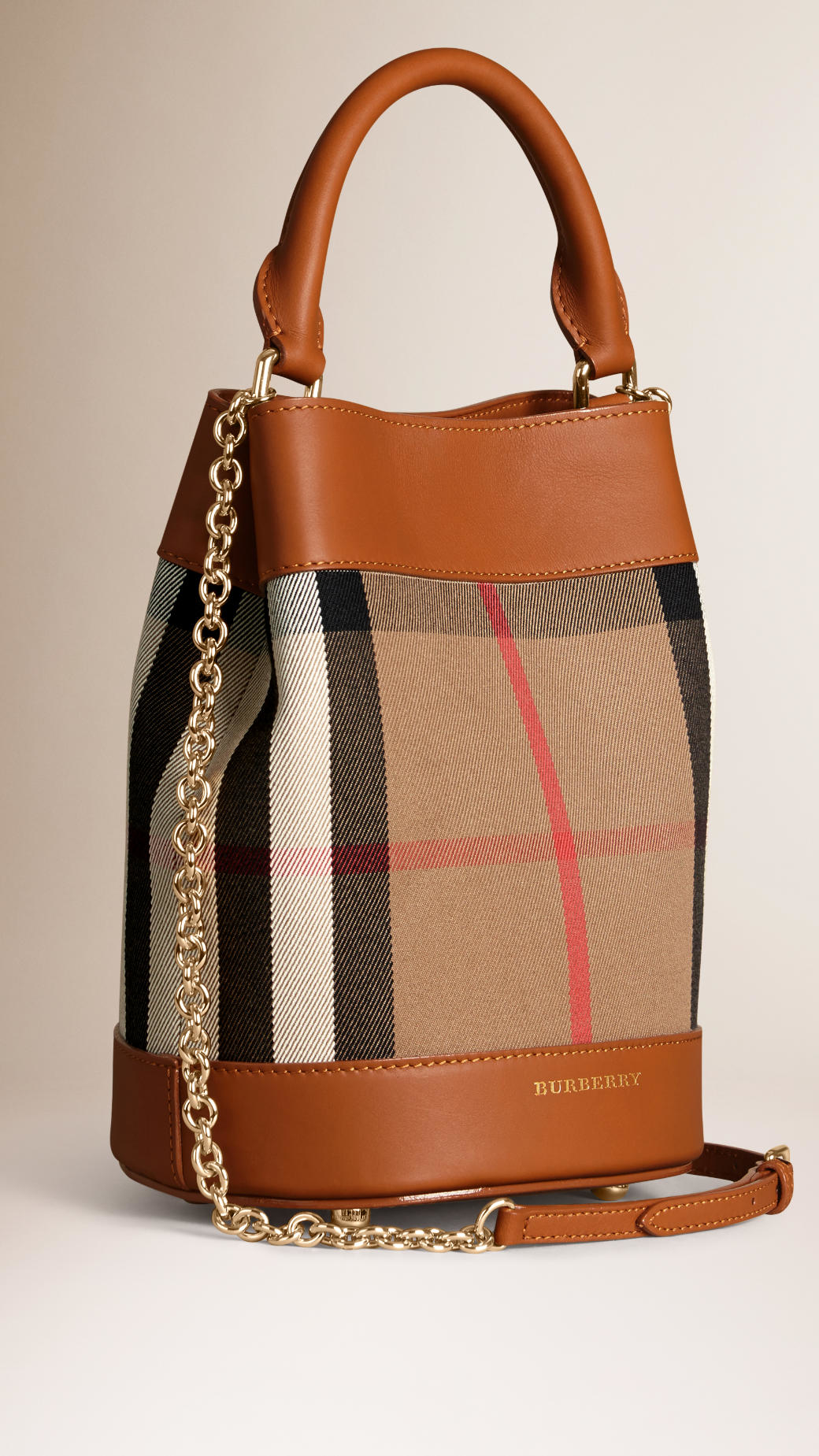 Burberry Leather and House-Check Bucket Bag in Brown (light toffee) | Lyst