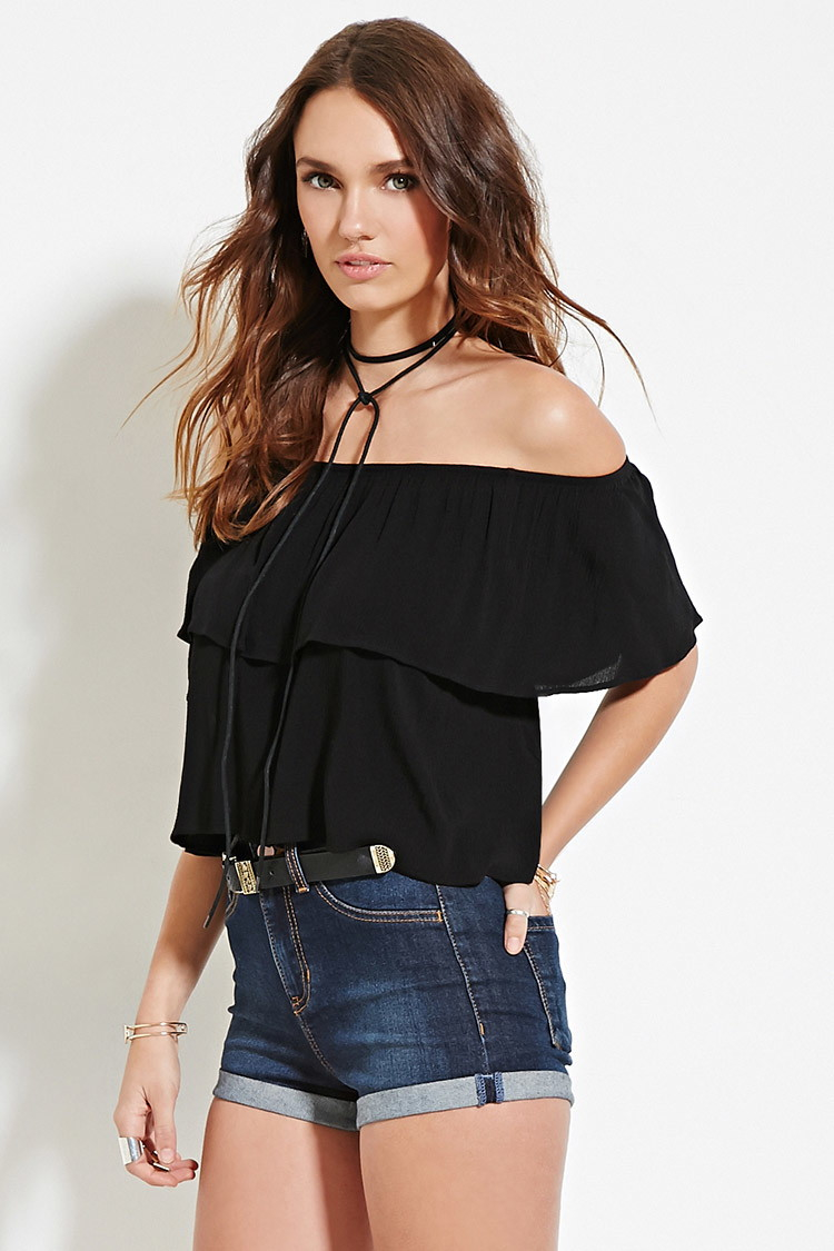 Lyst Forever 21 Crinkled Off The Shoulder Top In Black