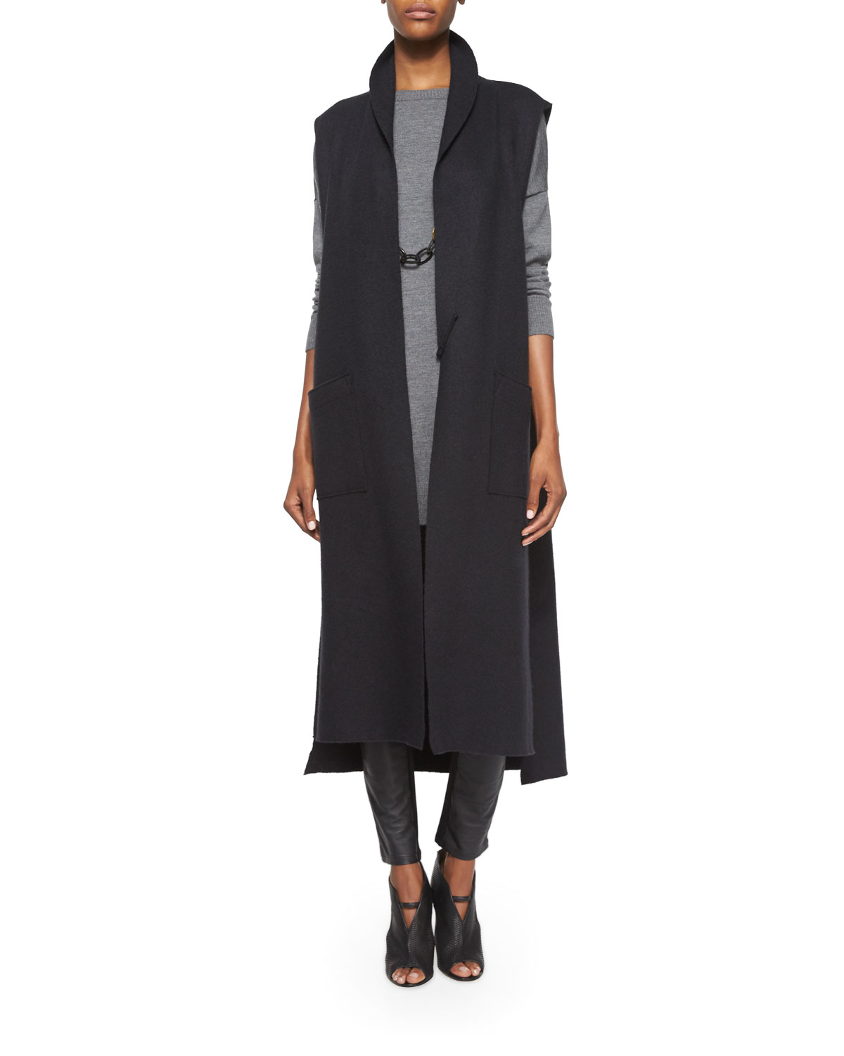 Lyst - Eileen Fisher Boiled Cotton/wool Long Kimono Vest in Black