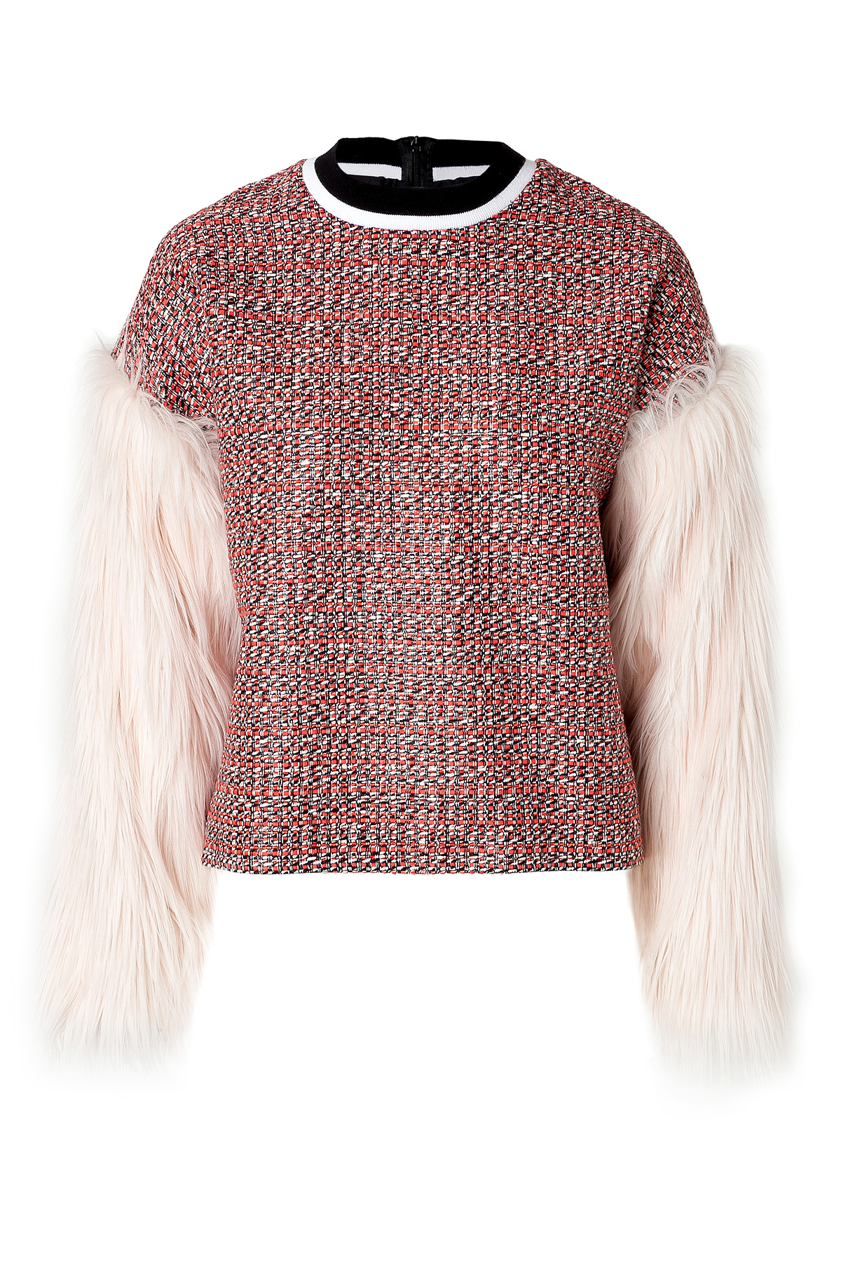 lyst msgm woven top with faux fur sleeves in lyst msgm woven top with faux fur sleeves in