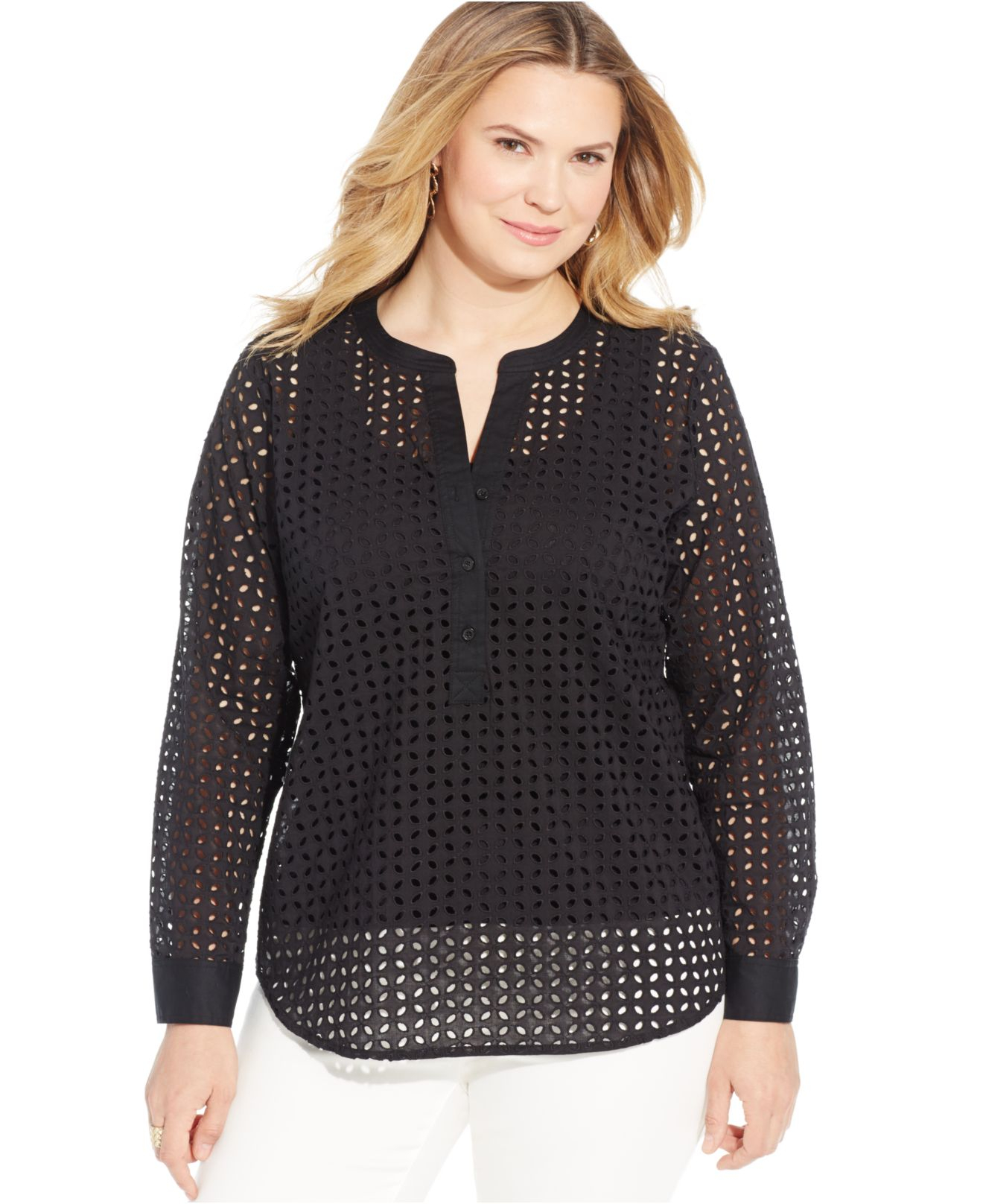 Lyst Michael Kors Michael Plus Size Long Sleeve Eyelet Blouse In Black 