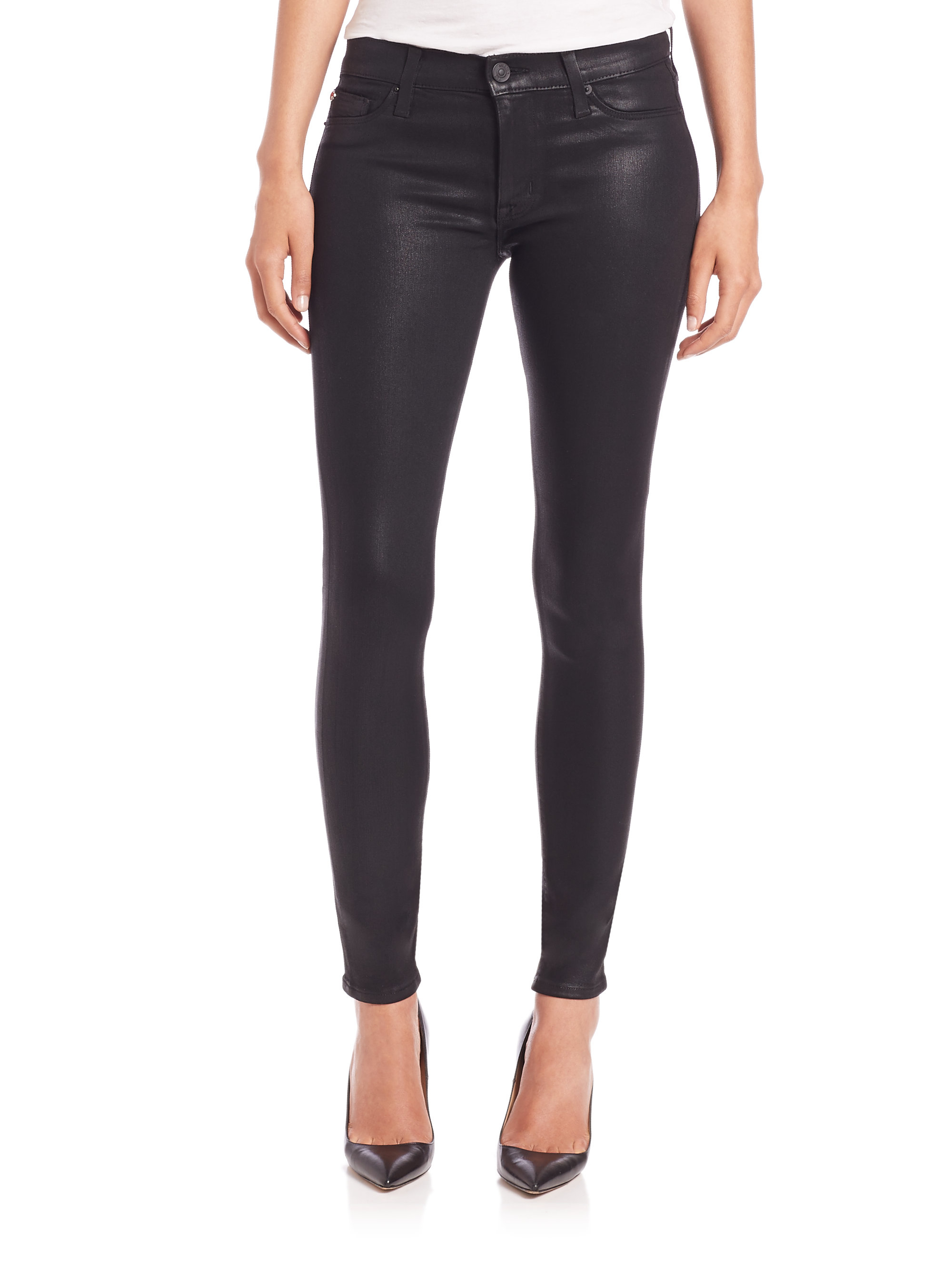 Hudson jeans Nico Coated Mid-rise Skinny Jeans in Black | Lyst