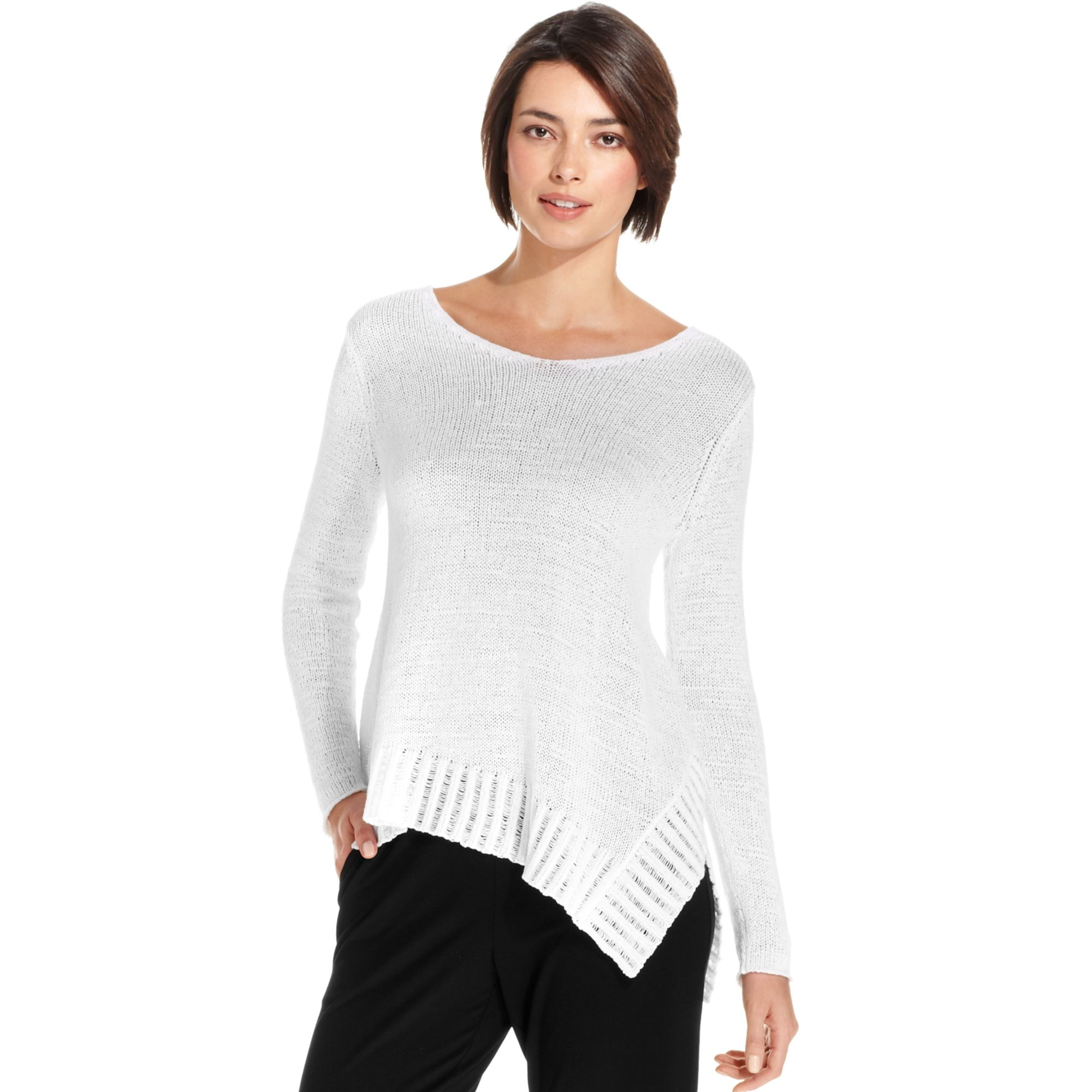 Eileen fisher Longsleeve Asymmetricalhem Sweater Tunic in White | Lyst