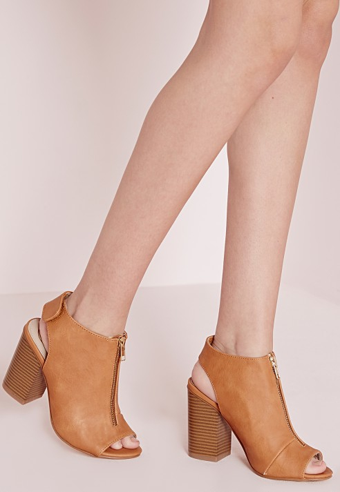 Lyst Missguided Zip Front Block Heel  Sandals  Tan  in Brown 