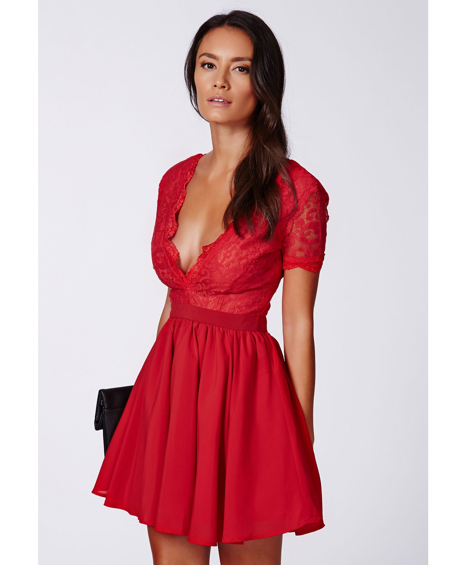 Missguided Aleena Eyelash Lace Plunge Neck Puffball Mini Dress In Red