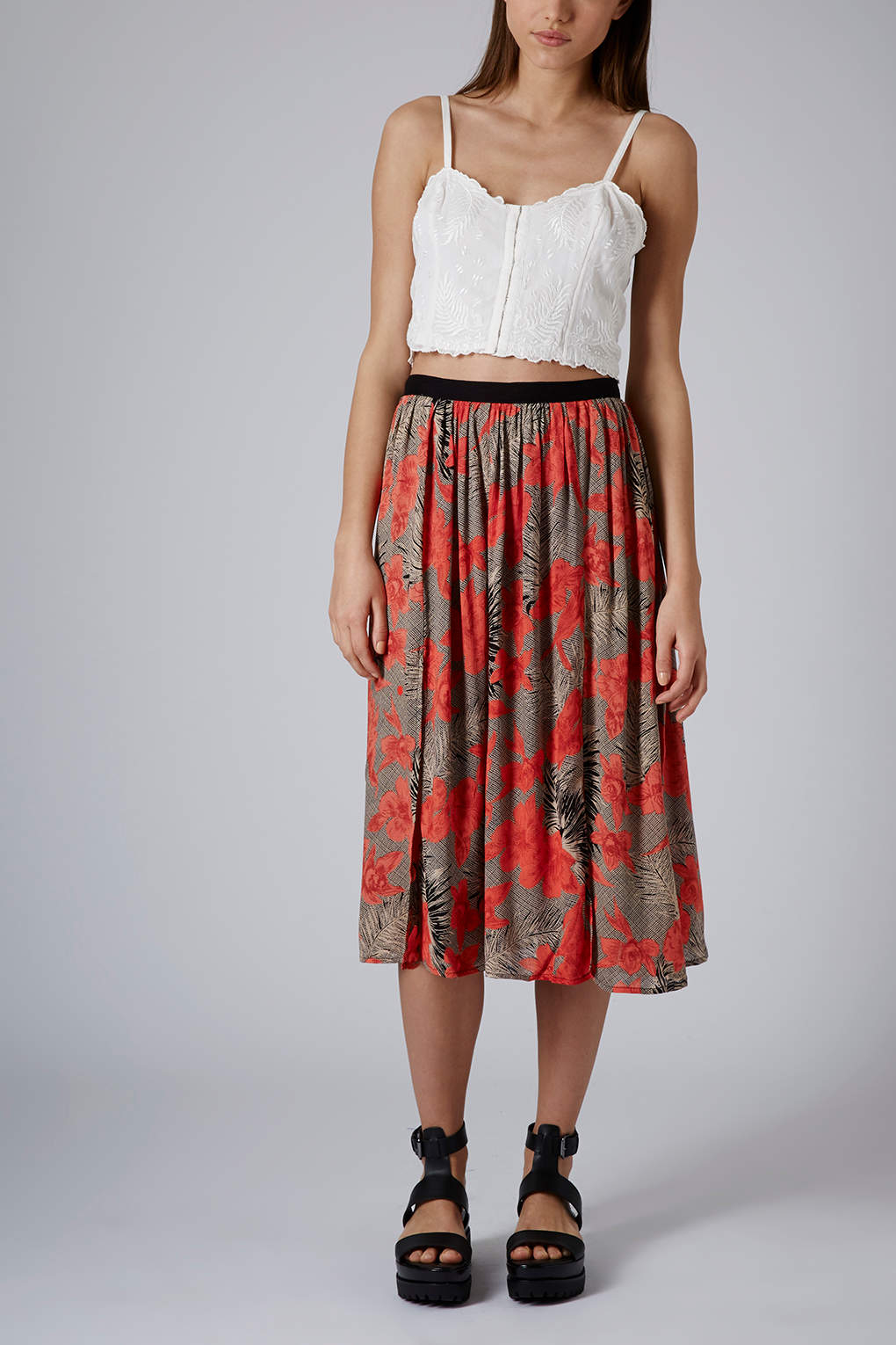Topshop Floral Spliced Midi Skirt in Red | Lyst