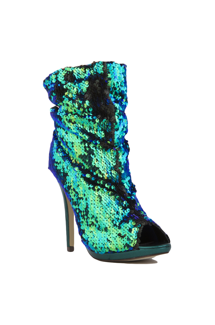 Lyst - Akira Sequin Peep Toe Slouch Booties - Green Hologram in Green