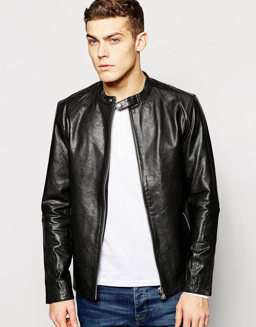 Lyst Jack Jones Leather Jacket With Collar Detail In Black For Men Gallery
