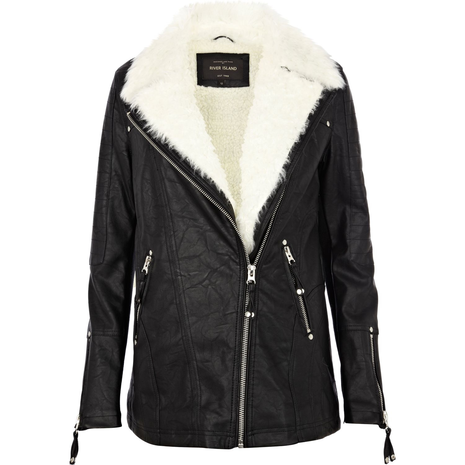 River Island Black Shearling Lined Longline Biker Jacket Lyst