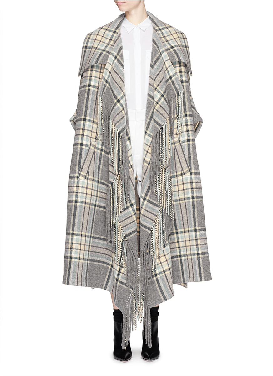 Lyst Chloé Check Plaid Fringe Blanket Cape Coat in Gray