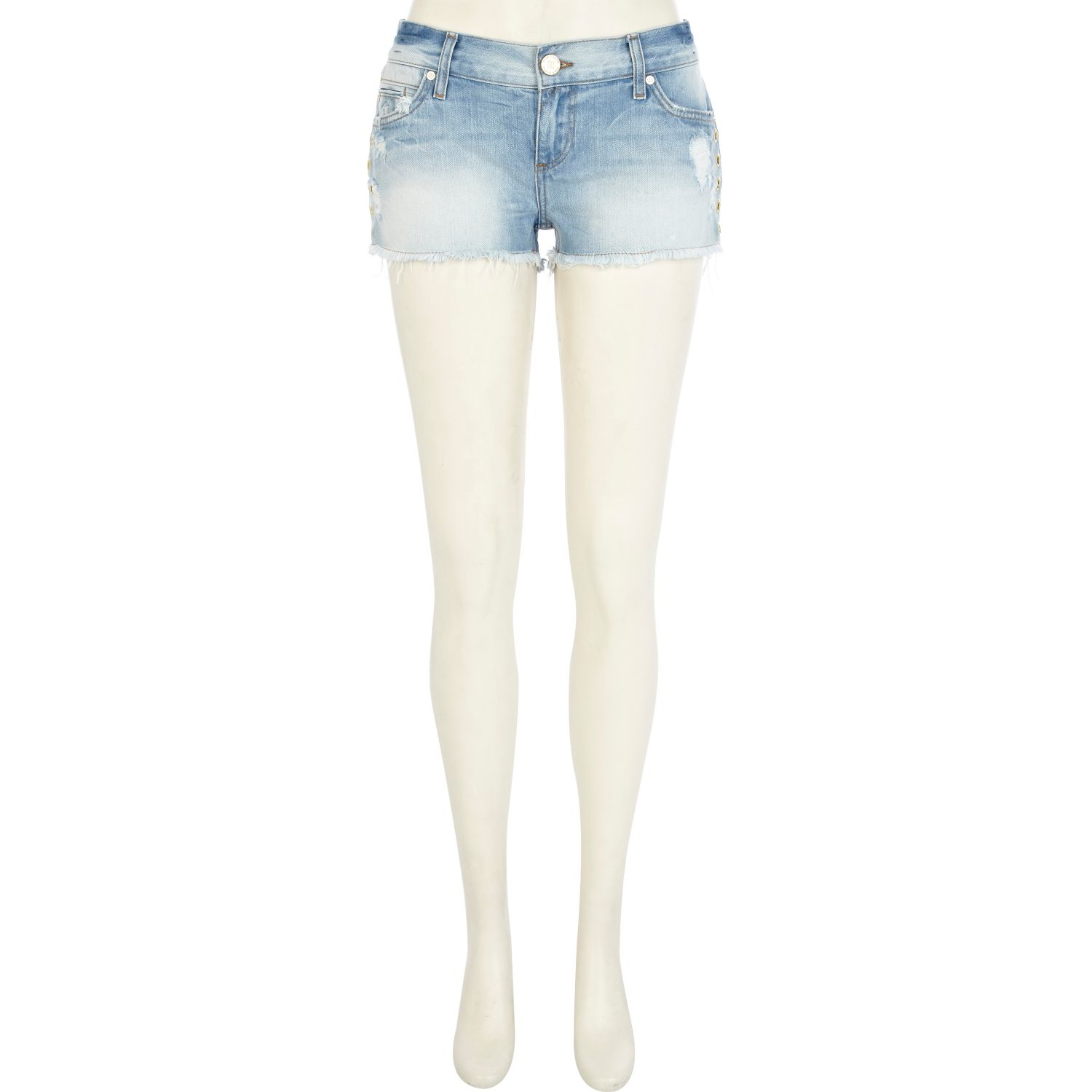 River island Light Wash Eyelet Embellished Denim Shorts in Blue (denim