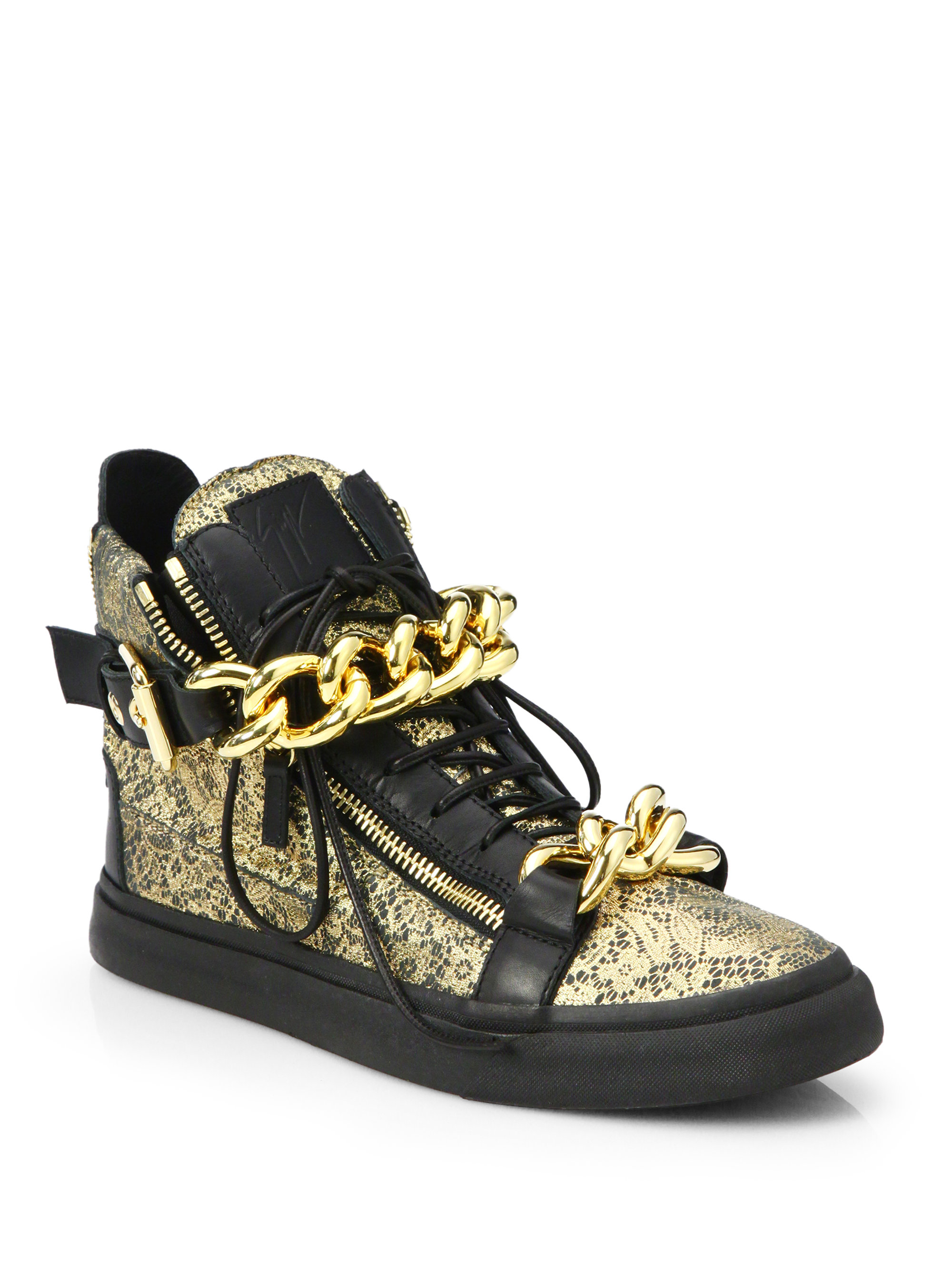 Giuseppe Zanotti Double-Chain Metallic Lace-Printed Leather High-Top ...