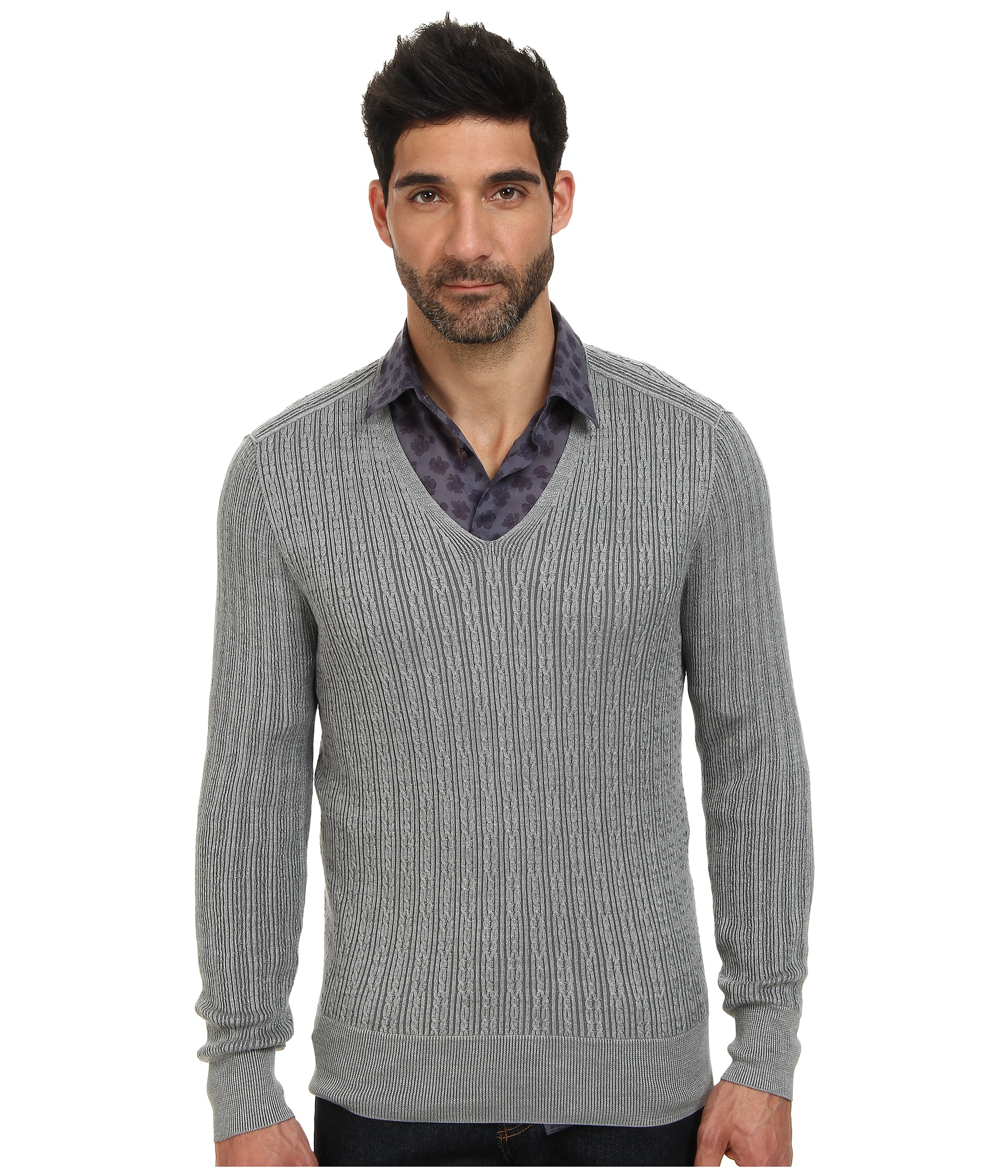 Lyst - John Varvatos Plaited Long Sleeve V-Neck Cable Sweater Y1558Q4 ...