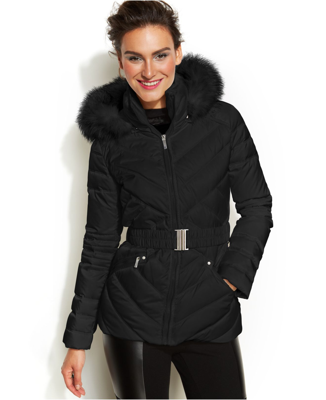 black quilted mara faux fur hooded puffer jacket