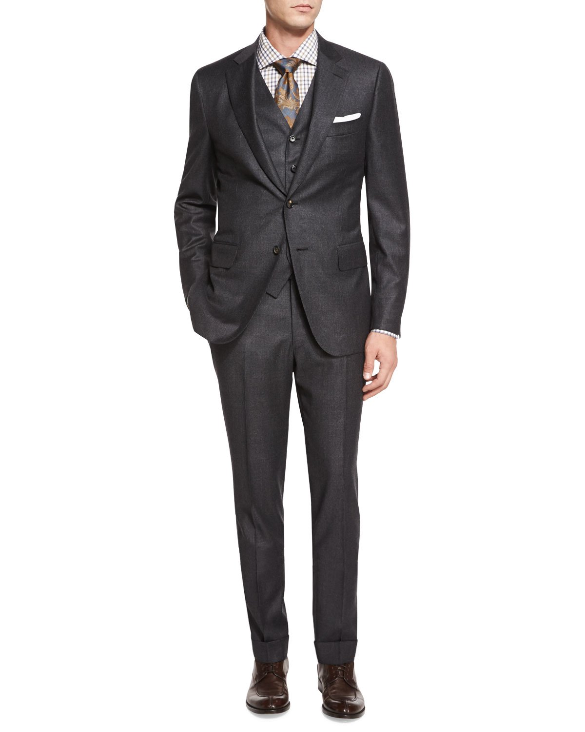 Isaia Micro-check Three-piece Suit in Gray for Men (DARK GREY) | Lyst