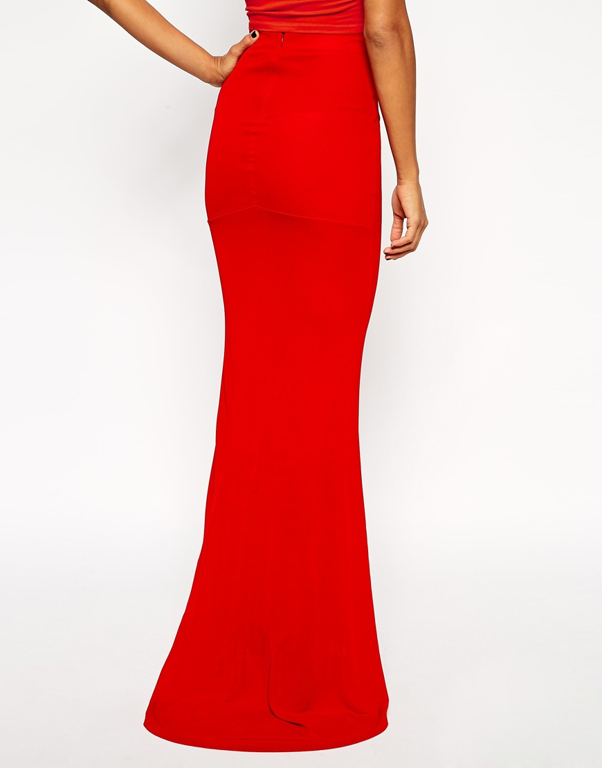 Asos Fitted Maxi Skirt In Crepe With Trail in Red | Lyst