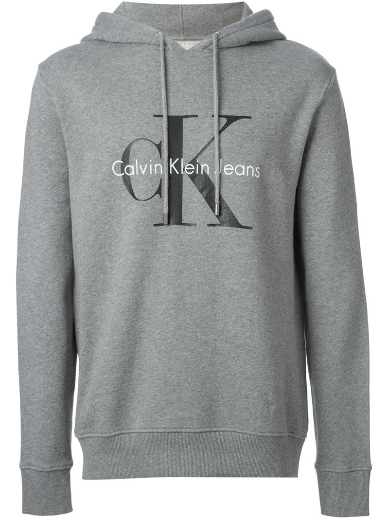 Calvin Klein Logo Print Hoodie in Grey (Gray) for Men - Lyst