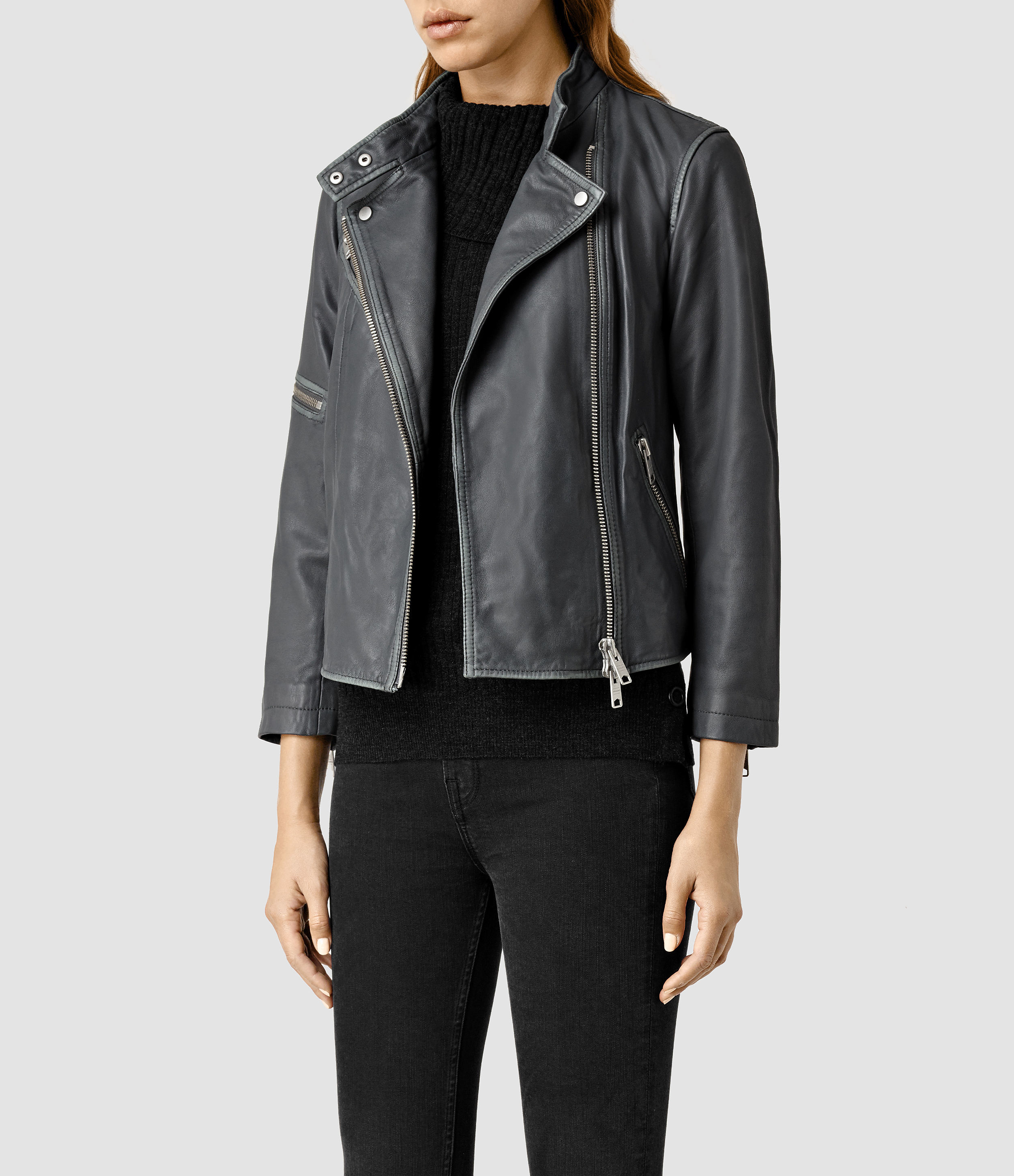 Allsaints Mast Leather Biker Jacket in Gray | Lyst