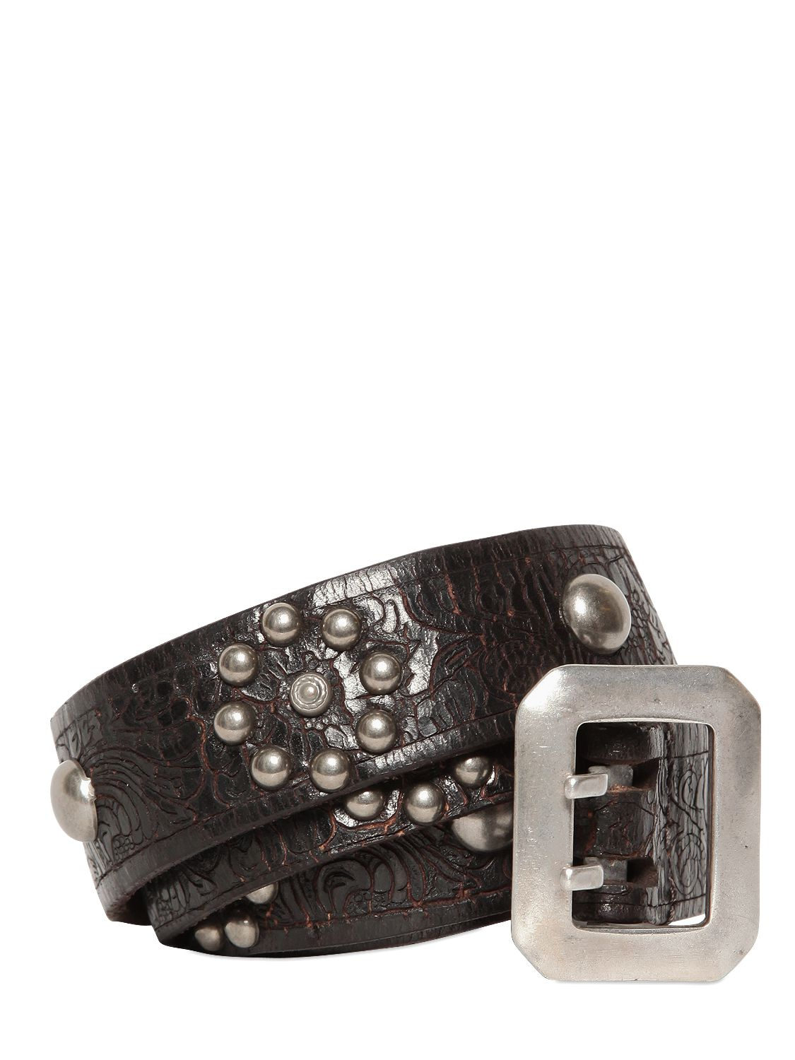 Htc hollywood trading company Studded Engraved Leather Belt in Brown