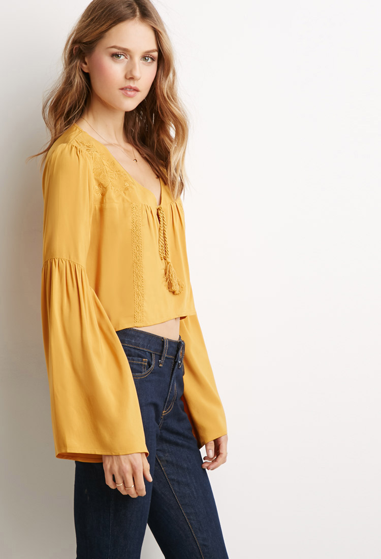 Lyst - Forever 21 Embroidered Bell-sleeve Peasant Top in Yellow