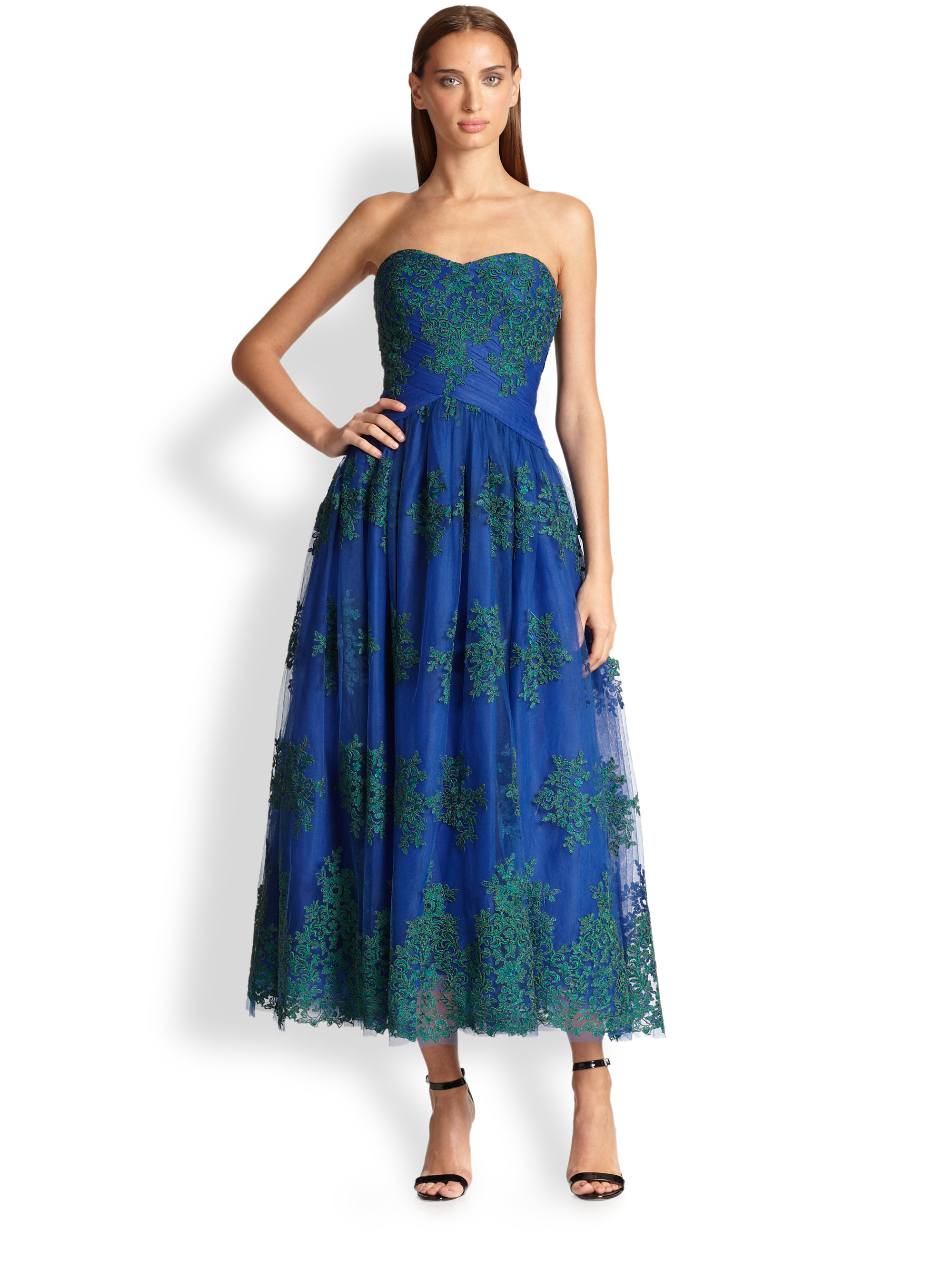 Lyst Ml Monique Lhuillier Strapless Embroidered Tea Length Cocktail Dress In Blue