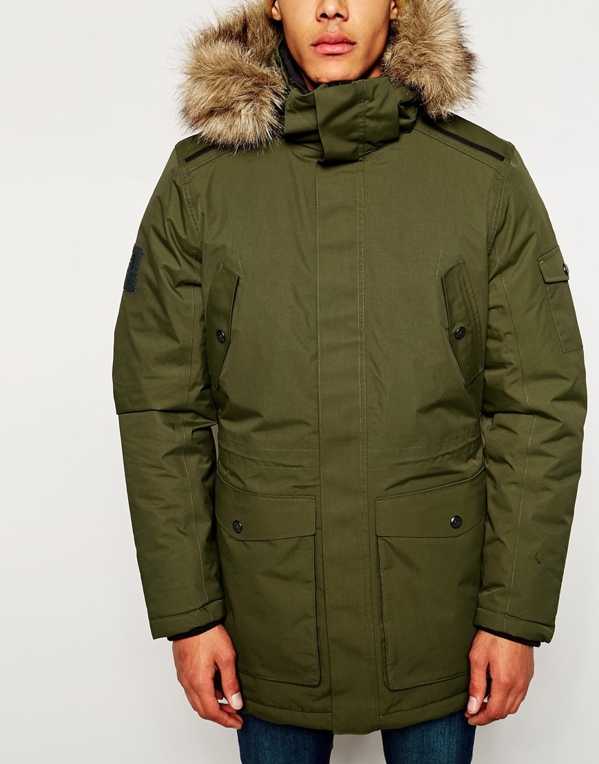 Jack And Jones Parka With Bonded Seams And Faux Fur Hood In Green For Men