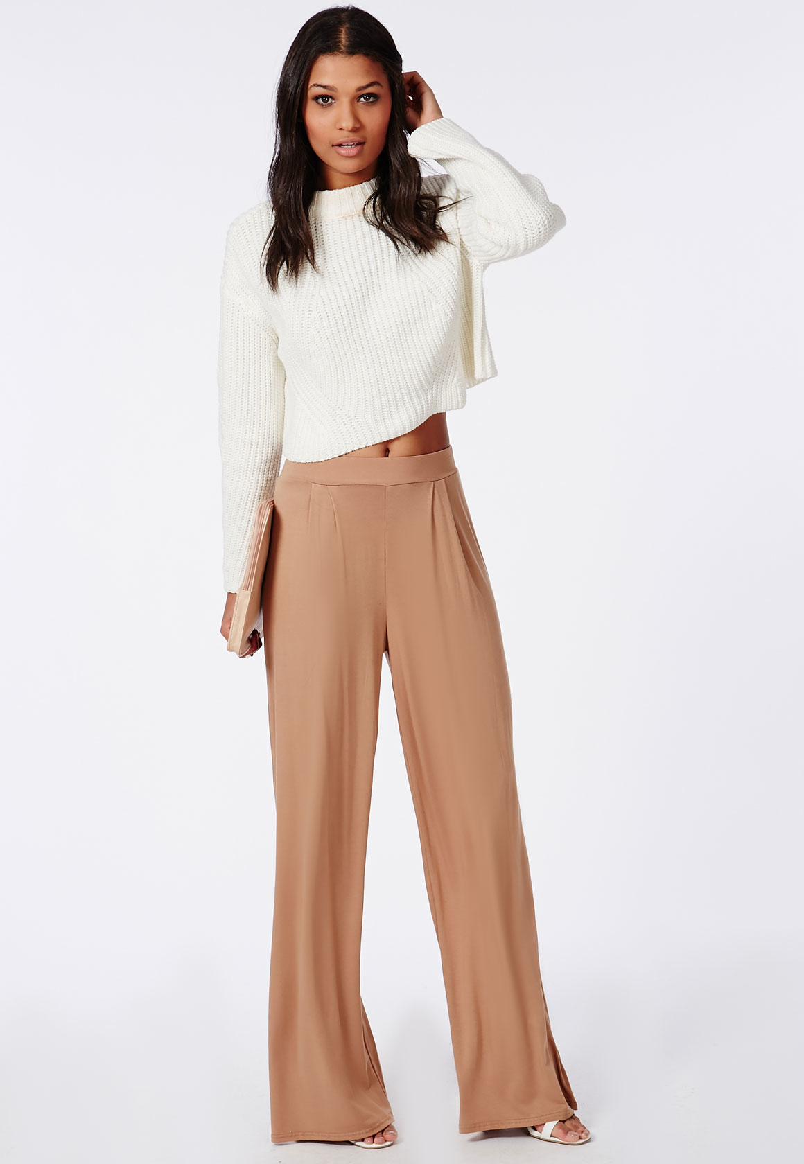 Missguided Jersey Wide Leg Trousers Camel in Natural | Lyst