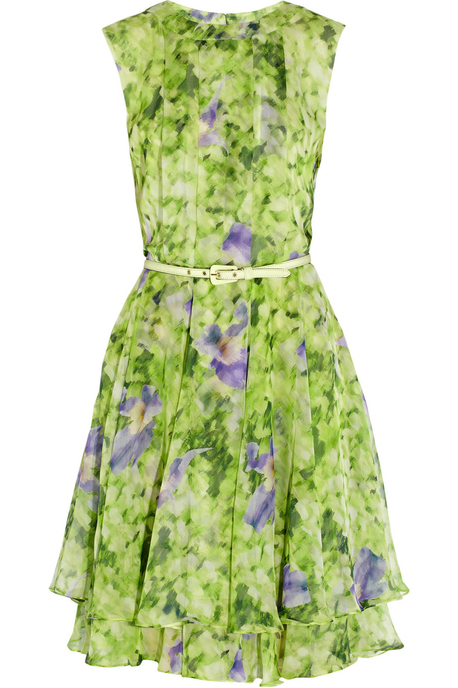 Oscar de la renta Belted Printed Silk-Georgette Dress in Green | Lyst