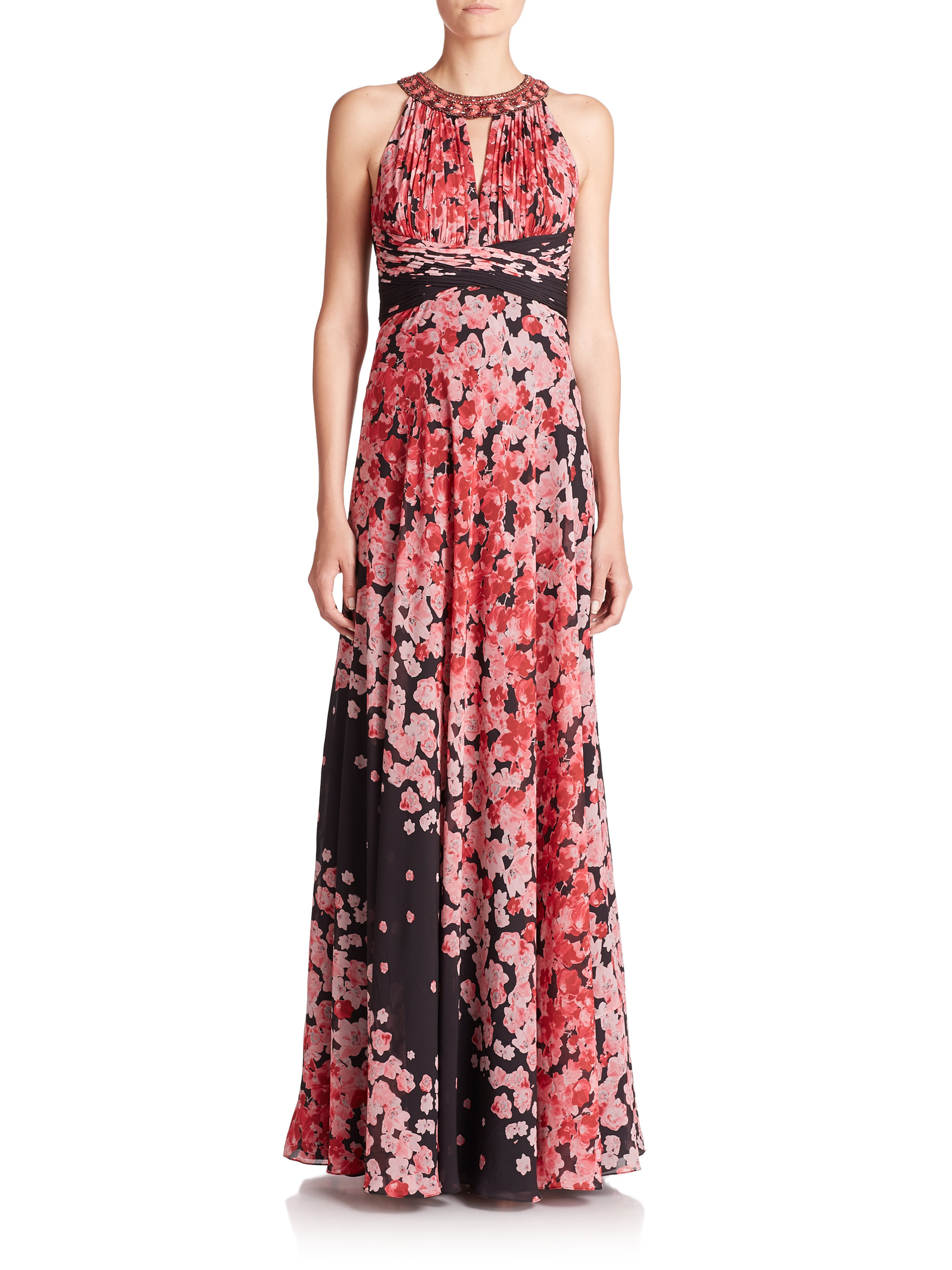Lyst - Teri Jon Floral Empire Maxi Evening Gown in Red