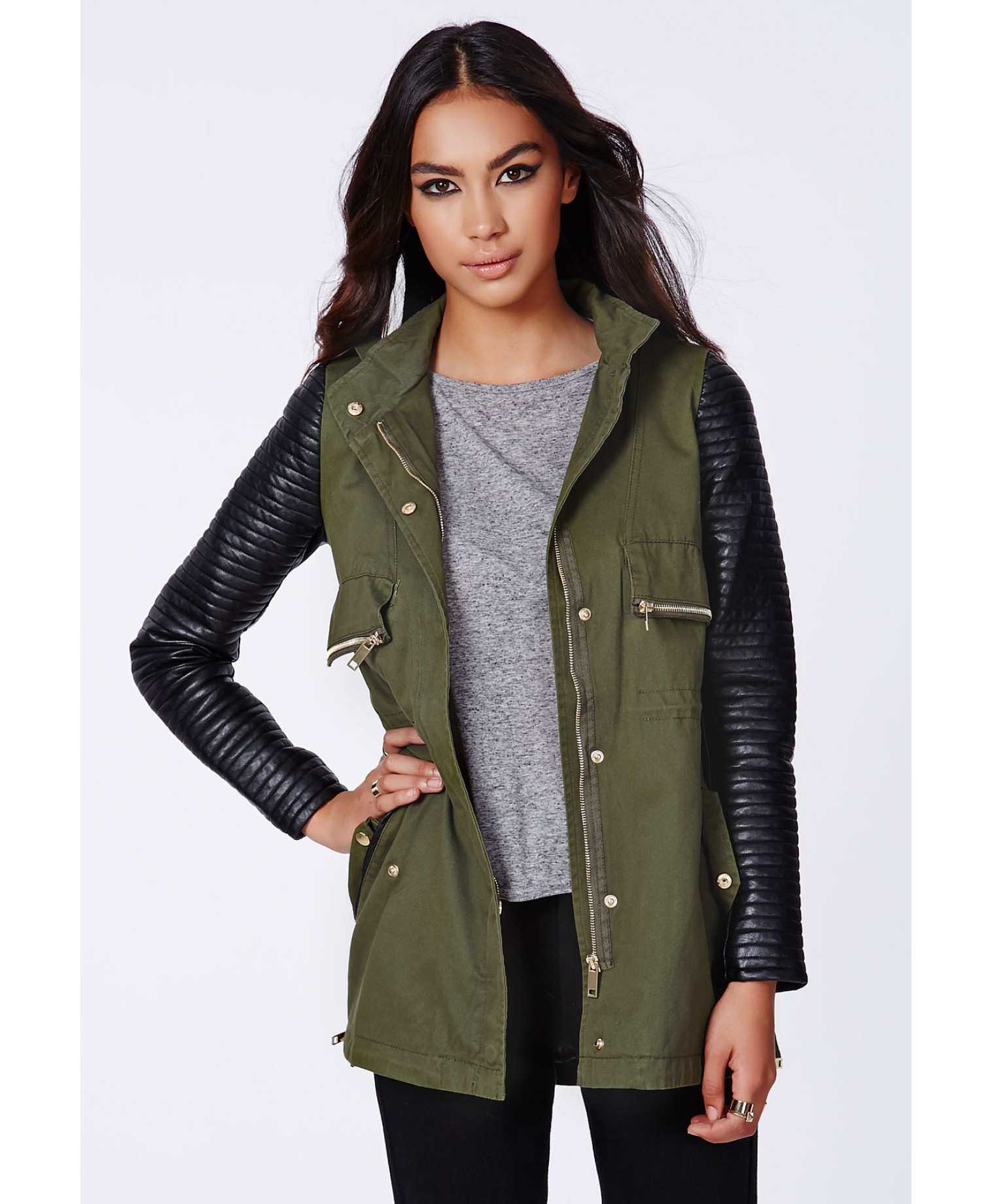 Lyst Missguided Yonia Faux Leather Sleeve Utility Jacket Khaki In Gallery