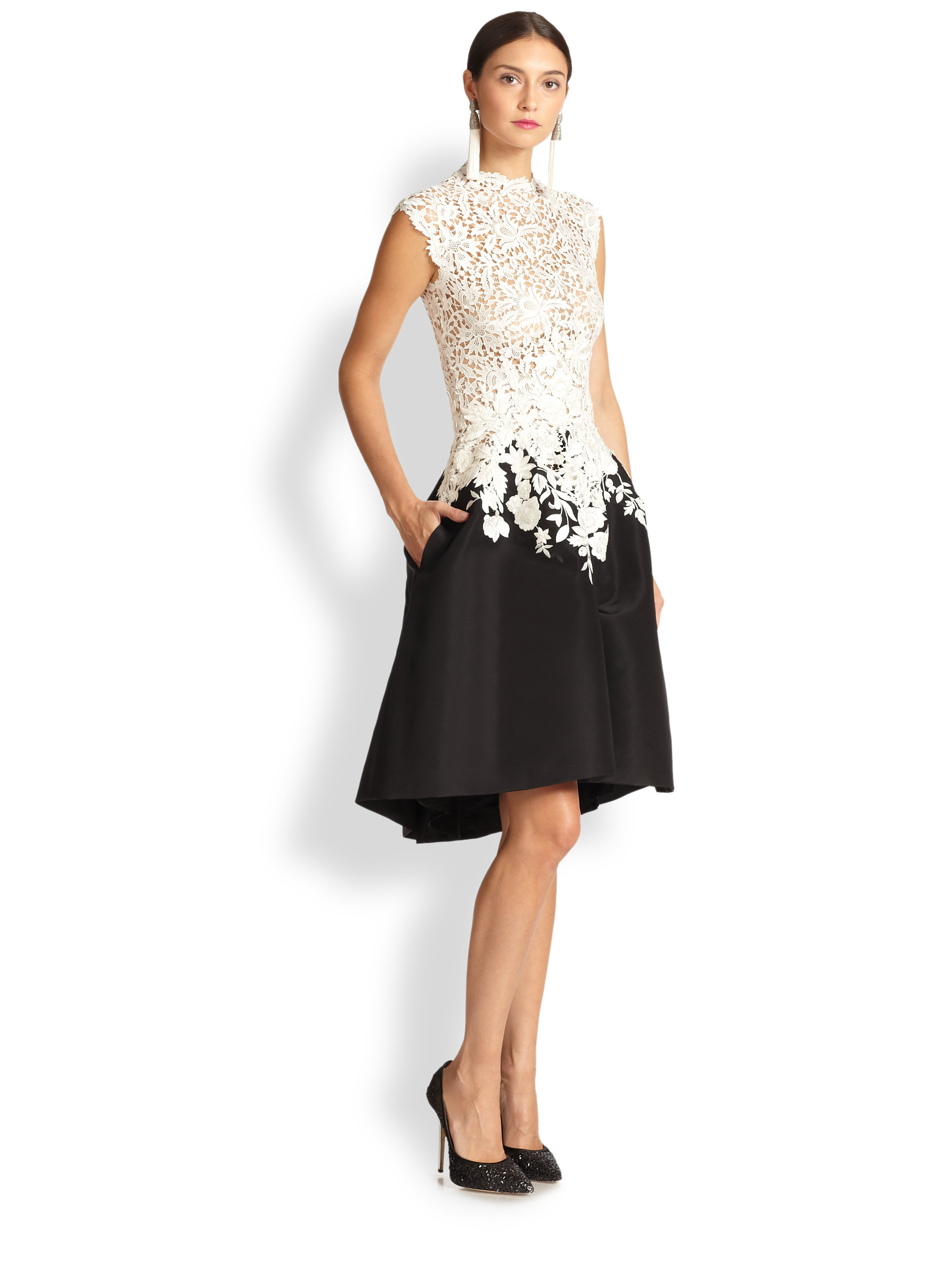 Oscar de la renta High-Collar Lace & Silk Faille Dress in White | Lyst