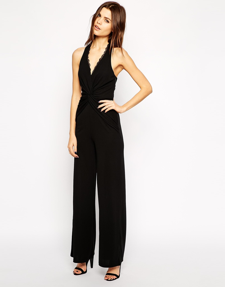 Lyst - Lipsy Halterneck Jumpsuit With Lace Trim in Black